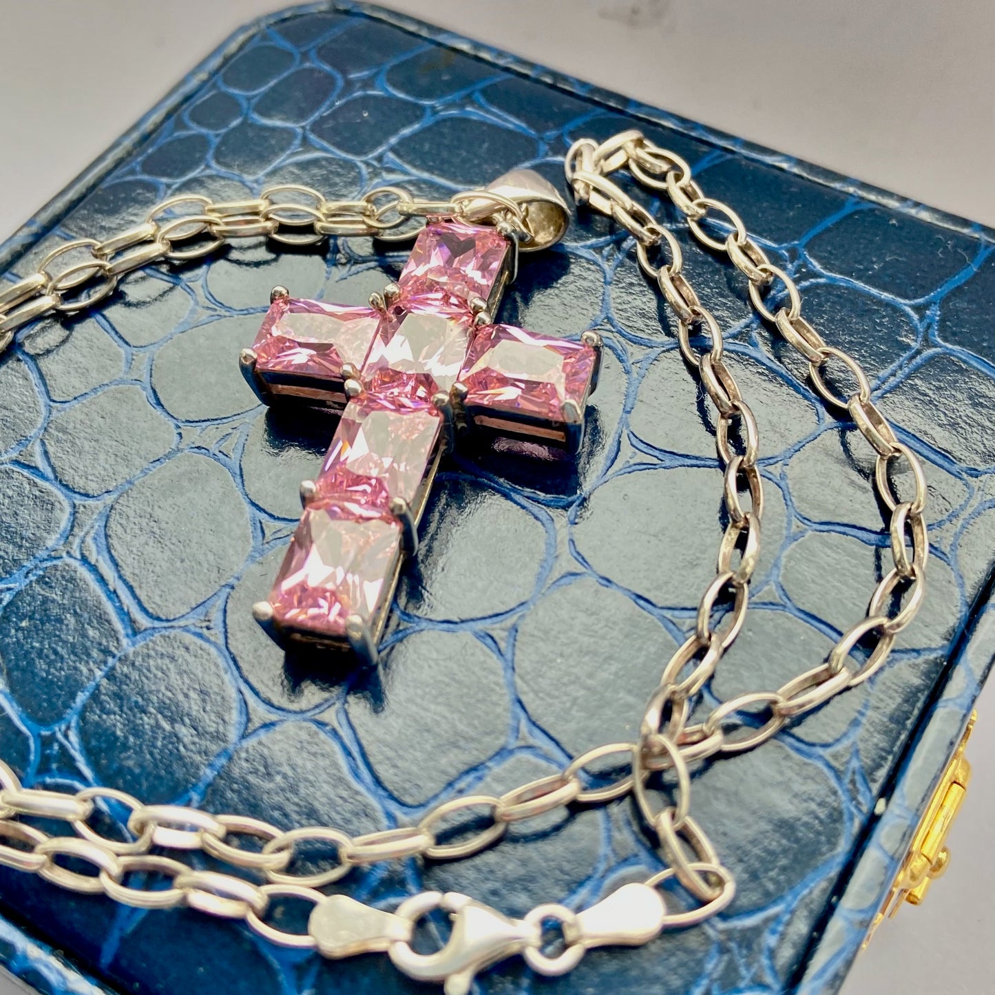 Sterling Silver Belcher chain with a Large Pink Crystal Cross