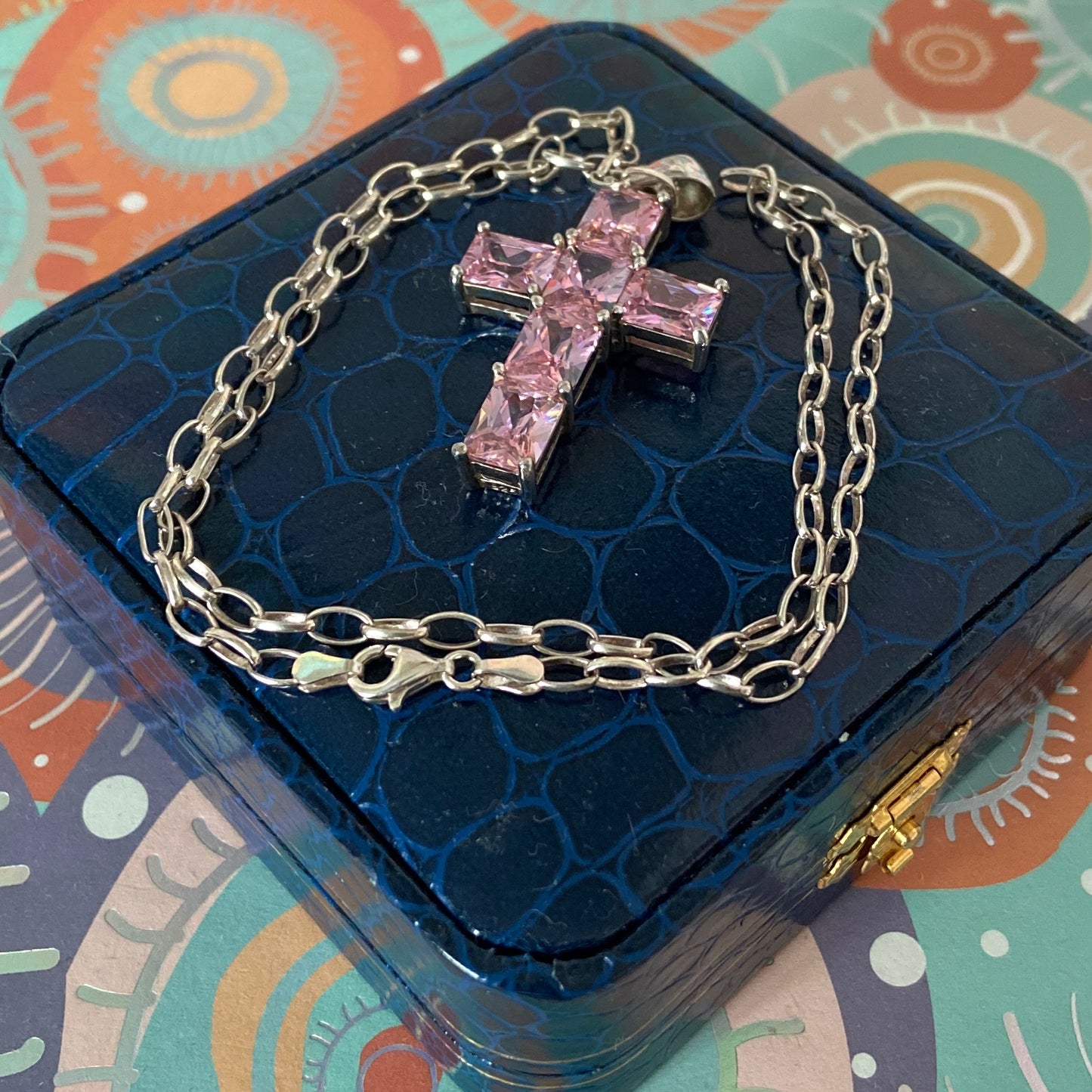 Sterling Silver Belcher chain with a Large Pink Crystal Cross