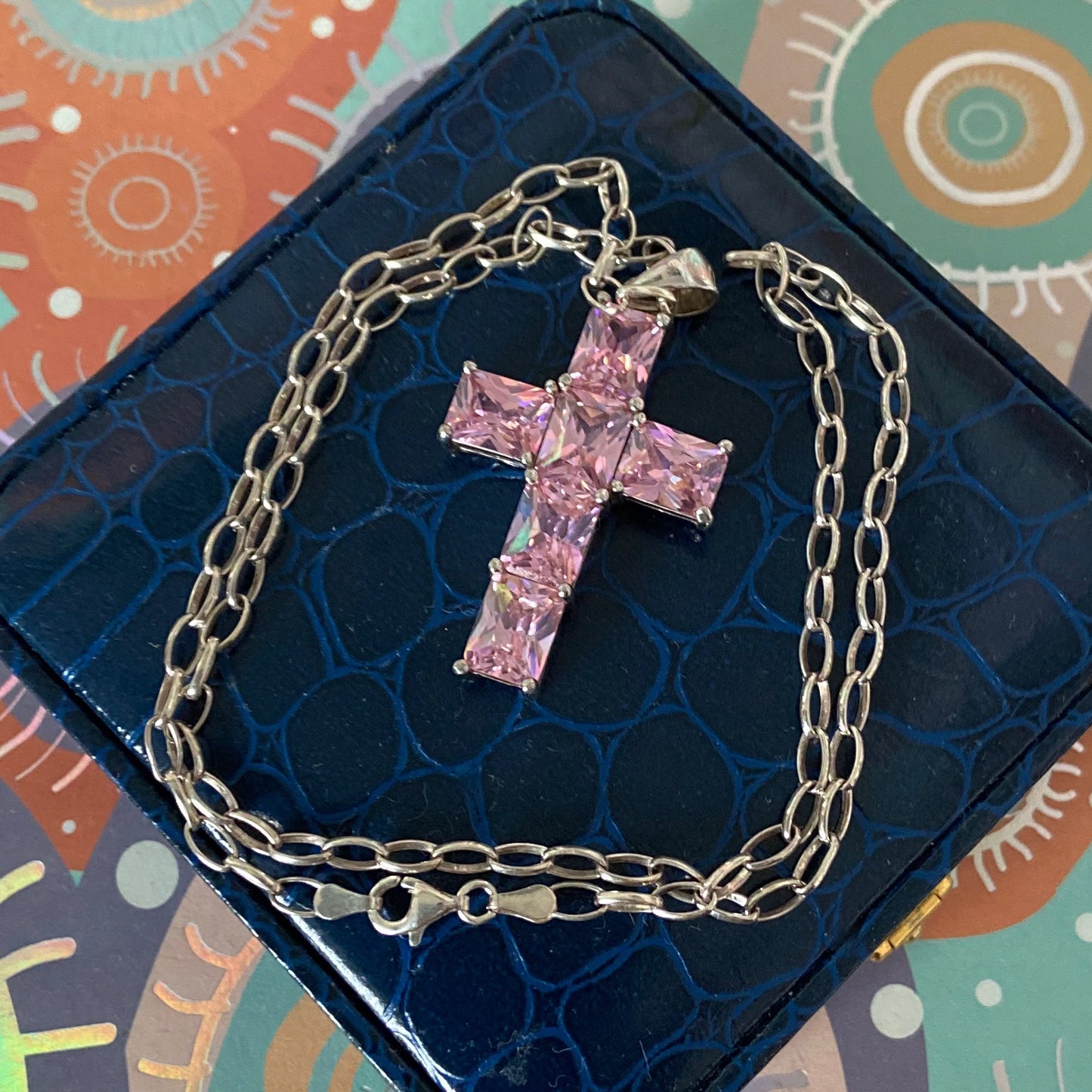 Sterling Silver Belcher chain with a Large Pink Crystal Cross