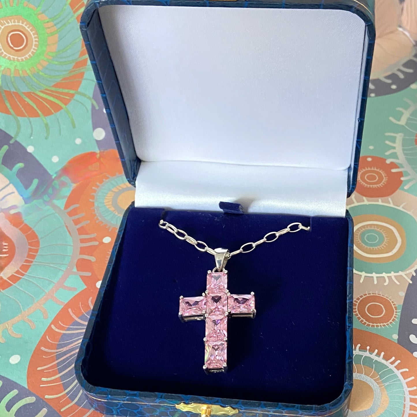 Sterling Silver Belcher chain with a Large Pink Crystal Cross