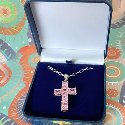 Sterling Silver Belcher chain with a Large Pink Crystal Cross