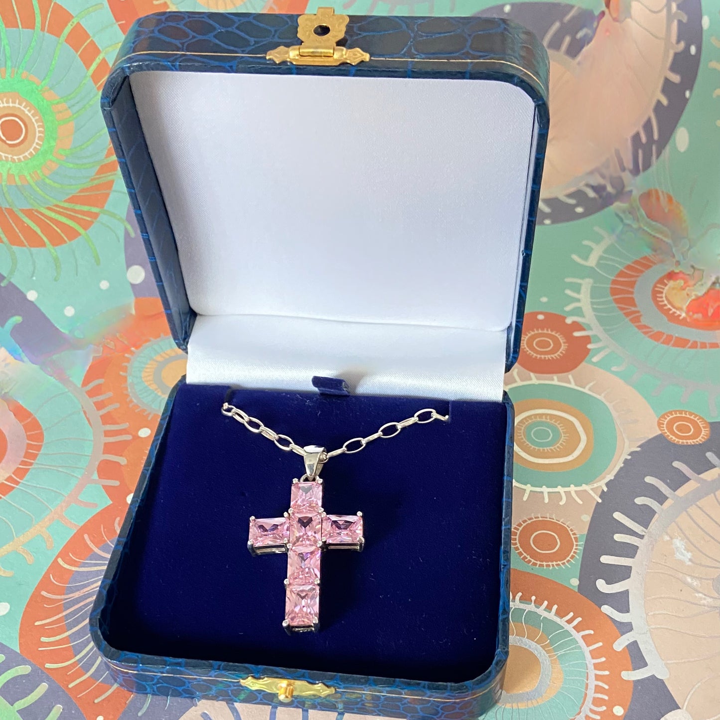 Sterling Silver Belcher chain with a Large Pink Crystal Cross