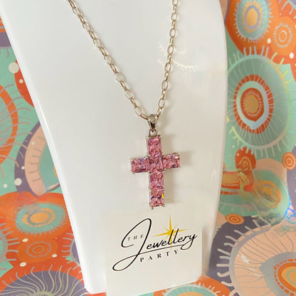Sterling Silver Belcher chain with a Large Pink Crystal Cross