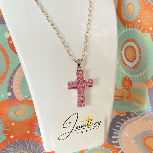 Sterling Silver Belcher chain with a Large Pink Crystal Cross