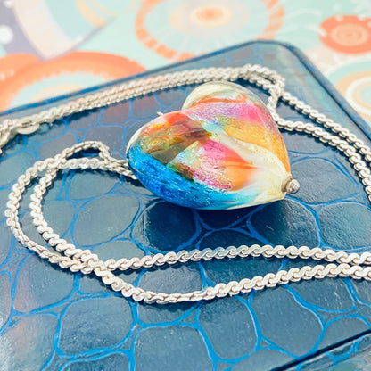 Sterling Silver Serpentine chain with a Large Murano Glass Heart