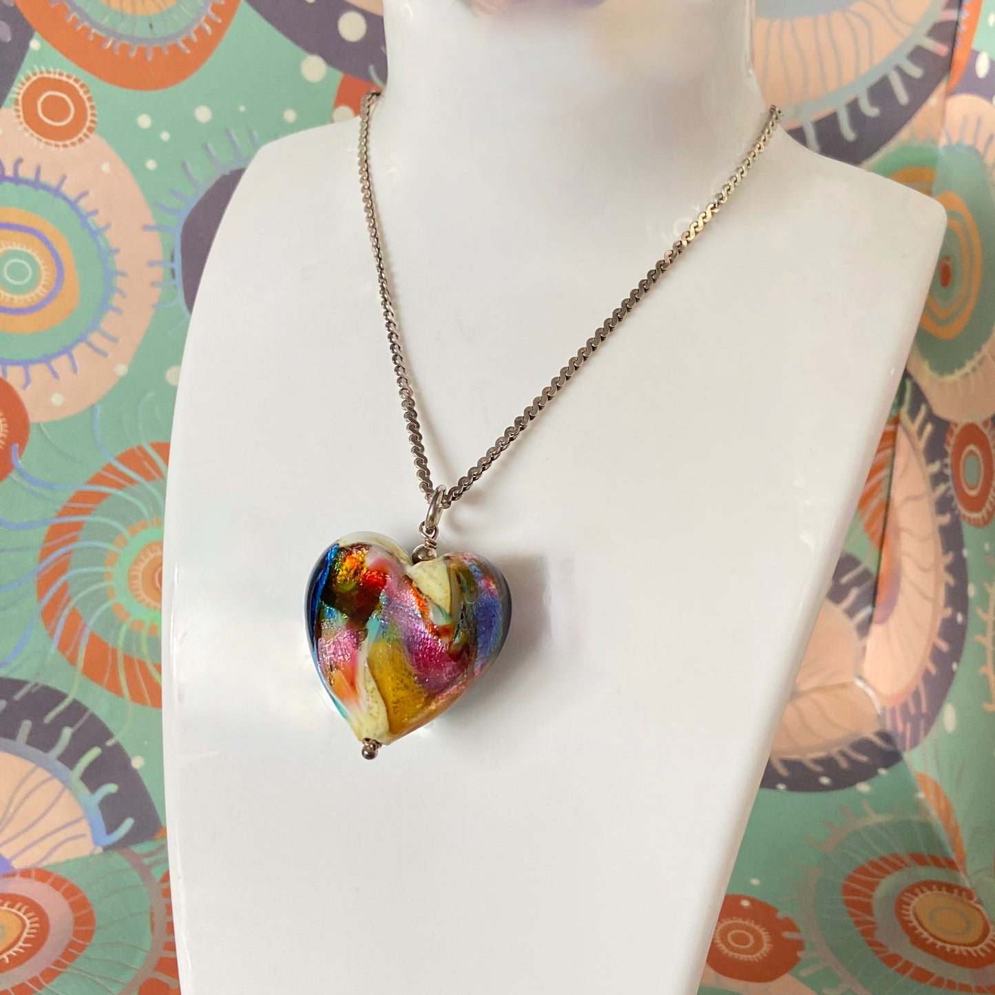 Sterling Silver Serpentine chain with a Large Murano Glass Heart