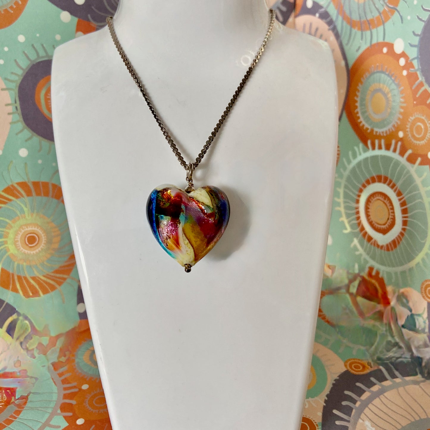 Sterling Silver Serpentine chain with a Large Murano Glass Heart