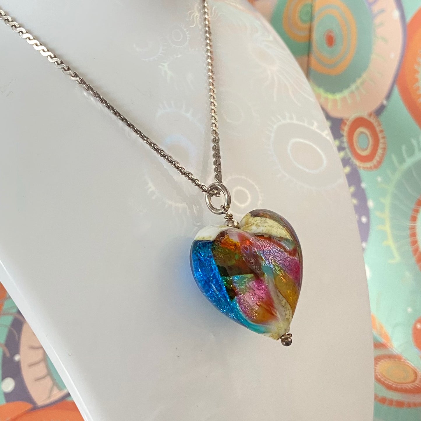 Sterling Silver Serpentine chain with a Large Murano Glass Heart