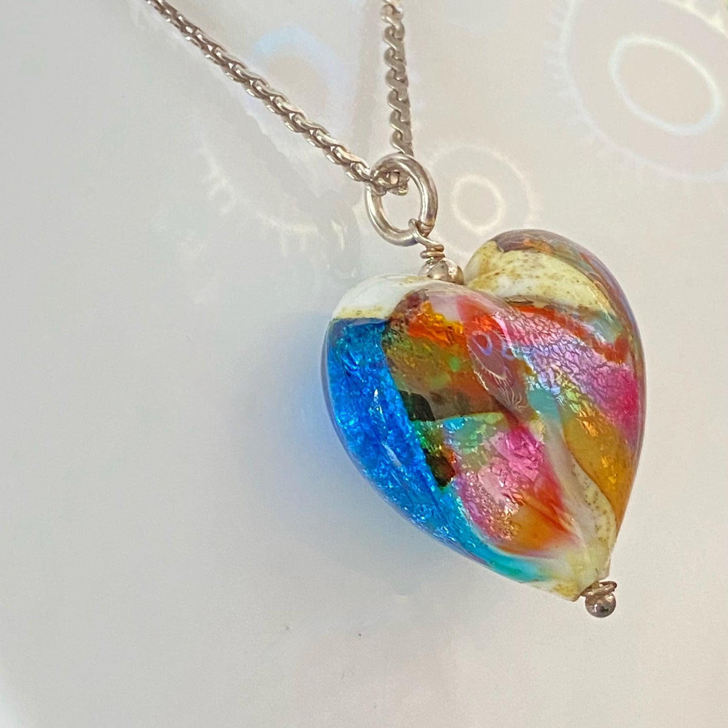 Sterling Silver Serpentine chain with a Large Murano Glass Heart