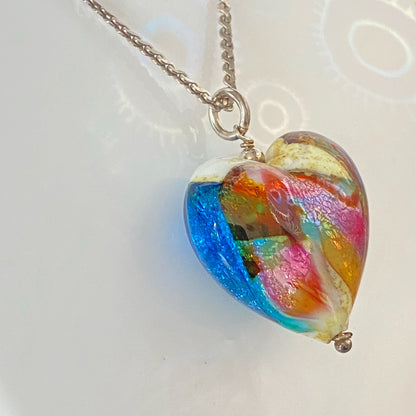 Sterling Silver Serpentine chain with a Large Murano Glass Heart