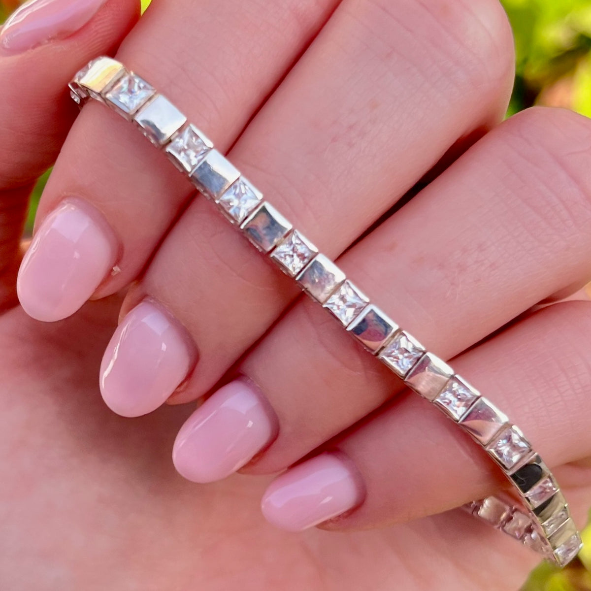 Sterling Silver 925 Clear Cubic Zirconia Gemstones Tennis bracelet with dashes of Silver squares