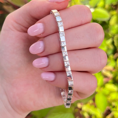 Sterling Silver 925 Clear Cubic Zirconia Gemstones Tennis bracelet with dashes of Silver squares