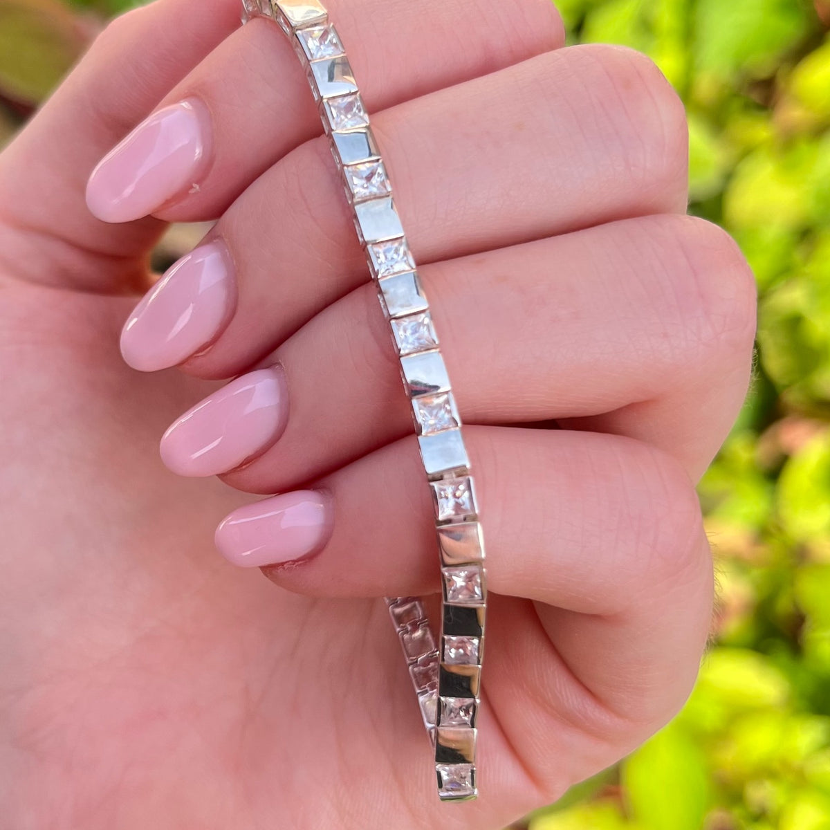 Sterling Silver 925 Clear Cubic Zirconia Gemstones Tennis bracelet with dashes of Silver squares
