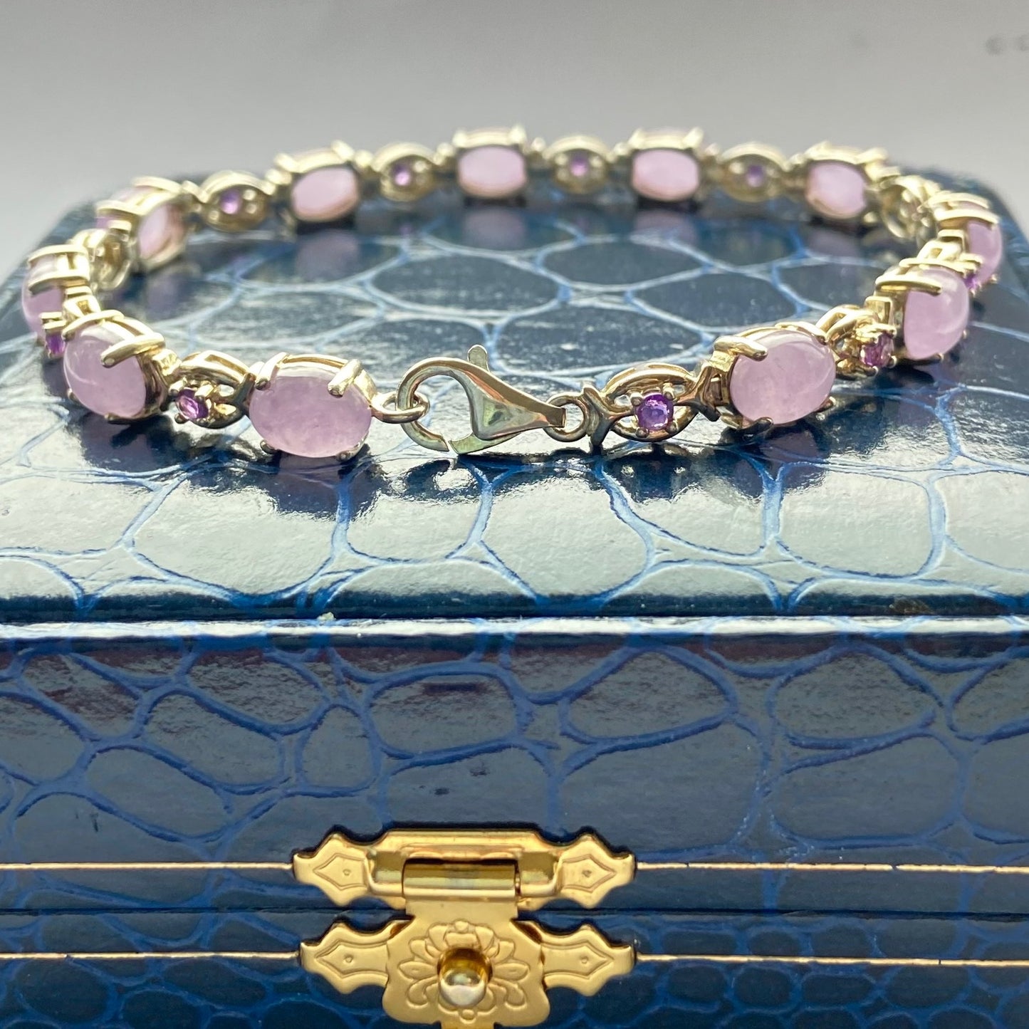 Sterling Silver Tennis Bracelet with Natural Lavender Jade and Amethyst