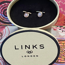 Load image into Gallery viewer, Links of London iconic Serpentine 18kt Rose Gold Vermeil &amp; Blue Lace Agate Gemstone Stud Earrings.
