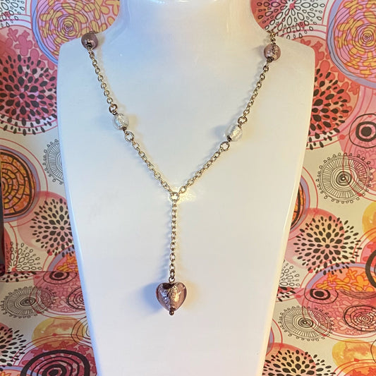 Sterling Silver chain with glass beads with a drop purple heart pendent
