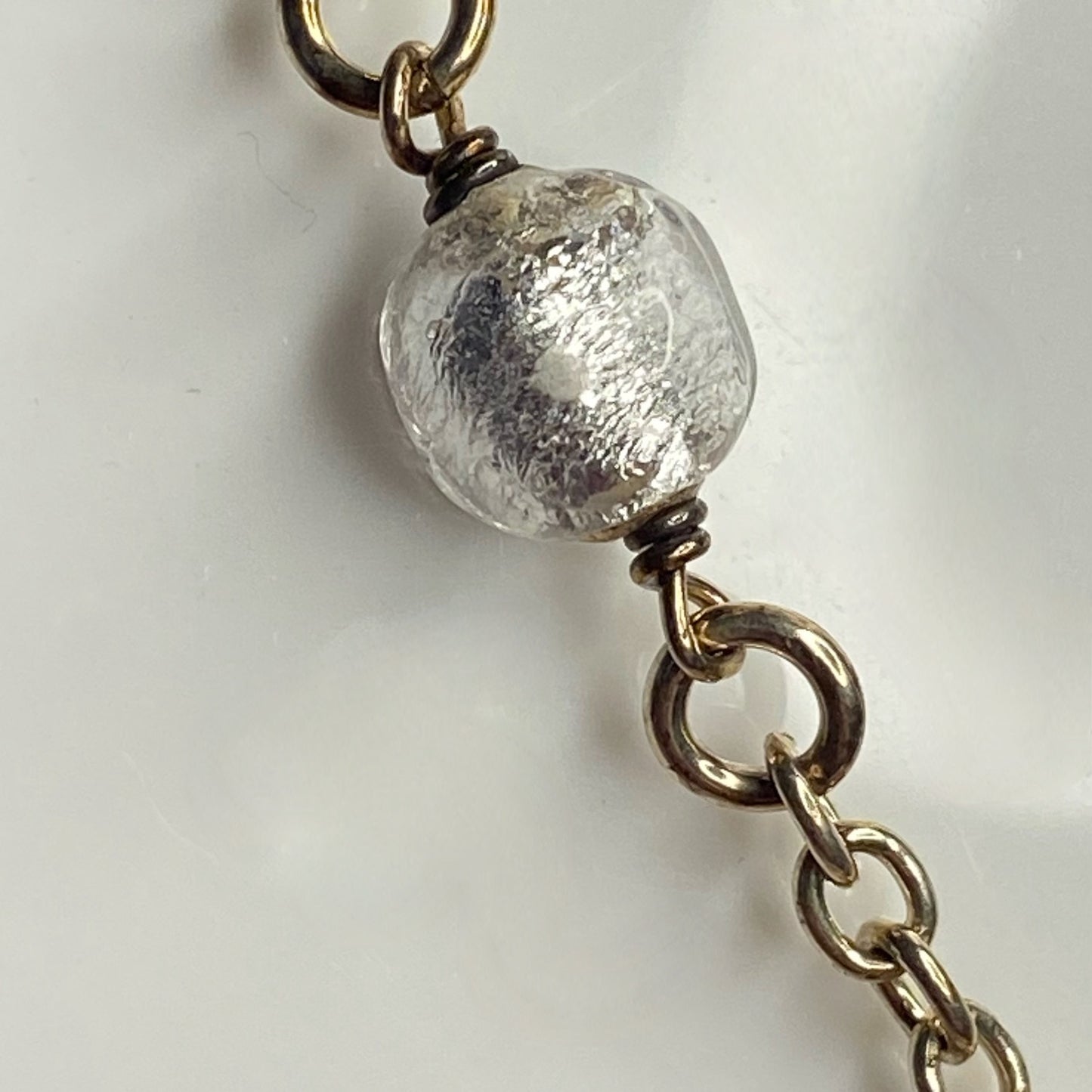 Sterling Silver chain with glass beads with a drop purple heart pendent