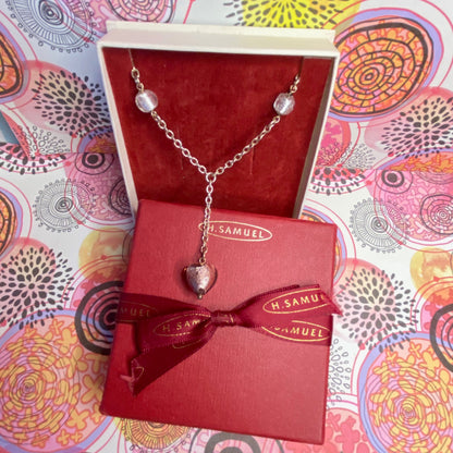 Sterling Silver chain with glass beads with a drop purple heart pendent
