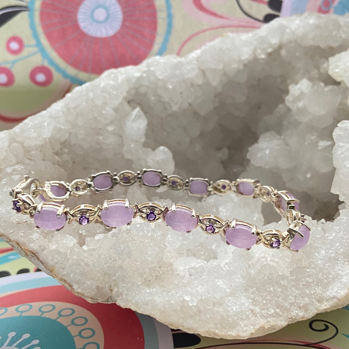 Sterling Silver Tennis Bracelet with Natural Lavender Jade and Amethyst