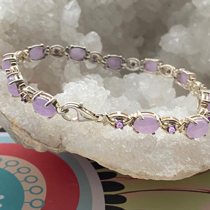 Sterling Silver Tennis Bracelet with Natural Lavender Jade and Amethyst