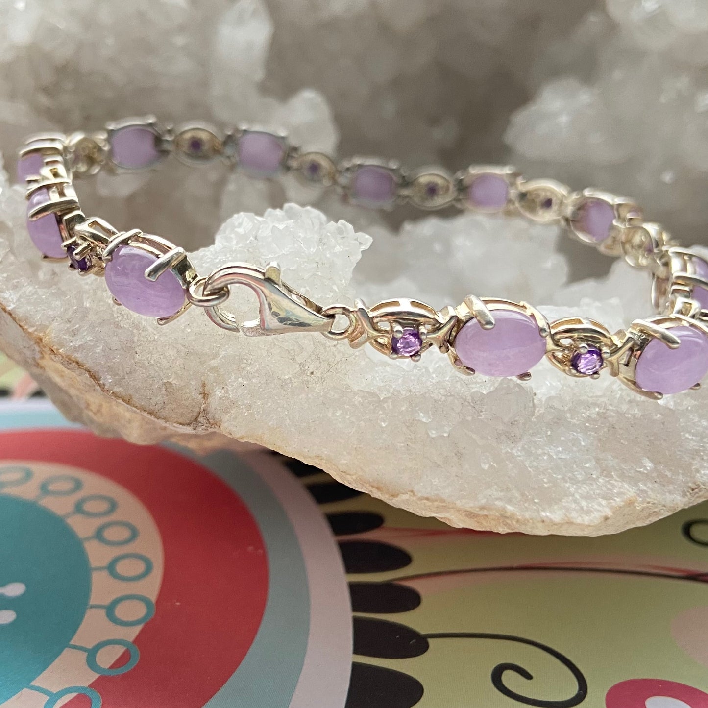 Sterling Silver Tennis Bracelet with Natural Lavender Jade and Amethyst