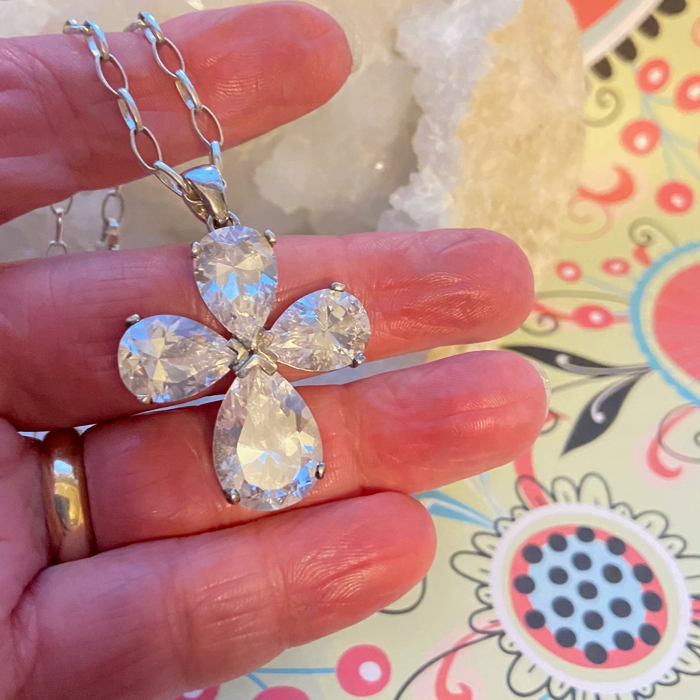 Sterling Silver Belcher chain with a Large Clear Flower Crystal Cross