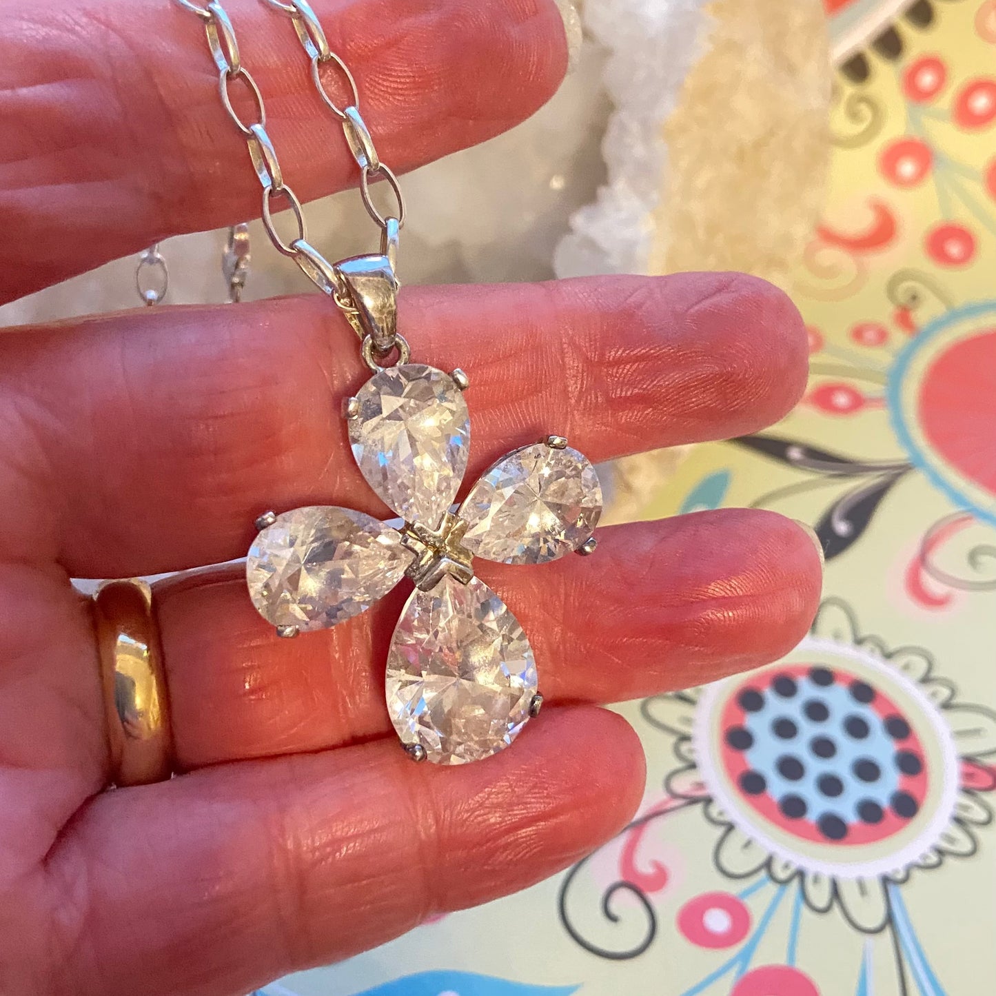 Sterling Silver Belcher chain with a Large Clear Flower Crystal Cross