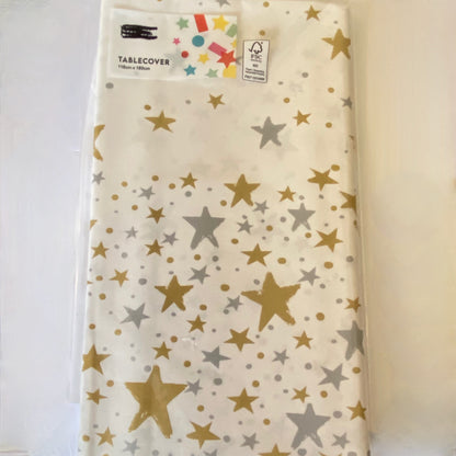 White Table Cover with Gold and Silver Stars