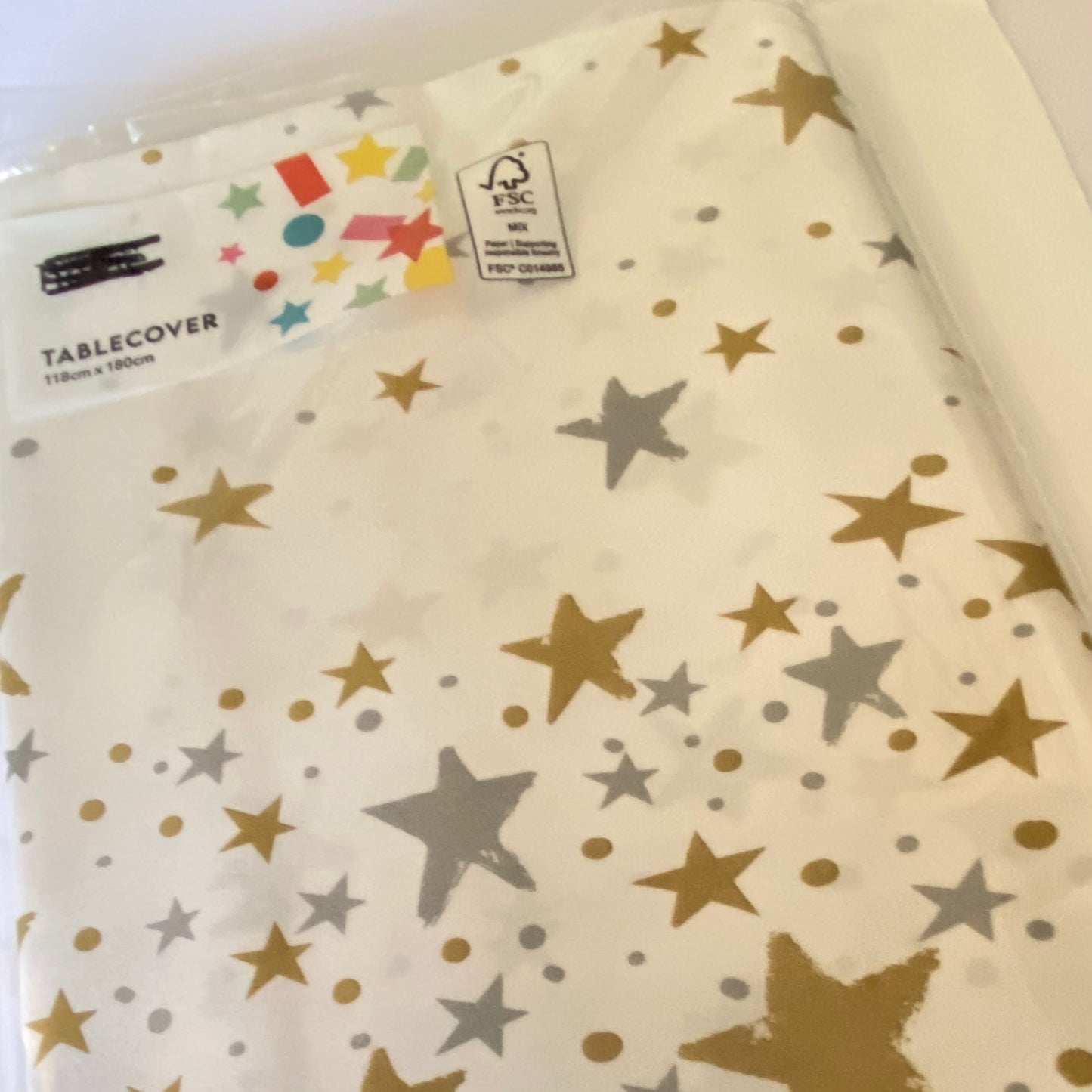 White Table Cover with Gold and Silver Stars
