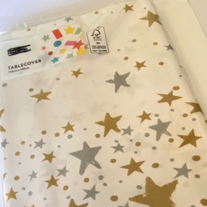 White Table Cover with Gold and Silver Stars