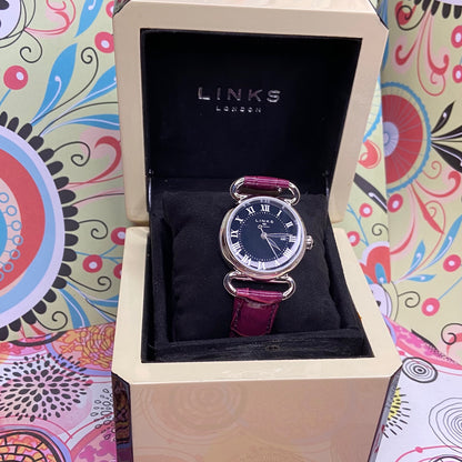 Links of London Driver Watch, Silver tone with a Purple Leather Strap.