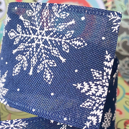 2.5" x 10 Yard Snowflake Design Ribbon midnight Blue colour