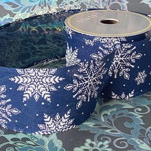 Load image into Gallery viewer, 2.5&quot; x 10 Yard Snowflake Design Ribbon midnight Blue colour
