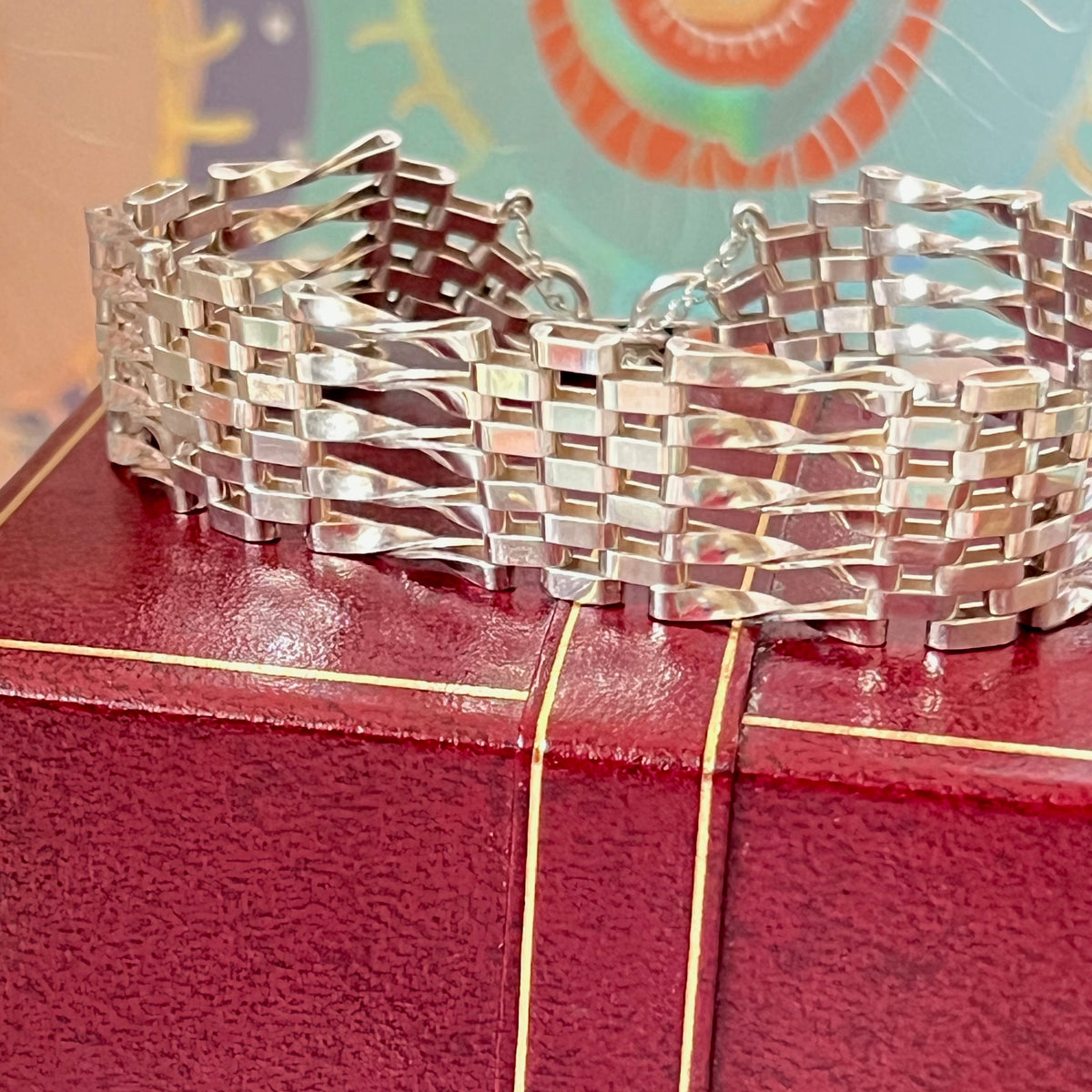 Sterling Silver 5 Gate Vintage Bracelet Stamped 925 with the Heart Lock Charm and safety chain.  22grams of Sterling Silver
