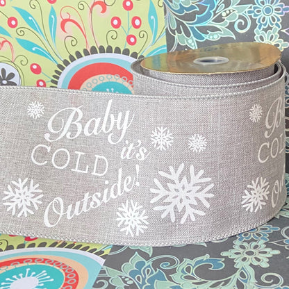 4" x 10 yard baby its cold outside wired grey and white Ribbon