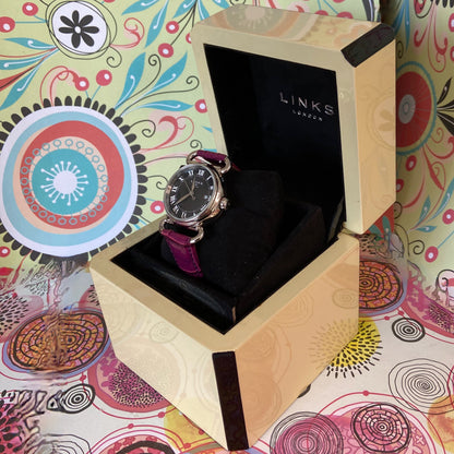 Links of London Driver Watch, Silver tone with a Purple Leather Strap.