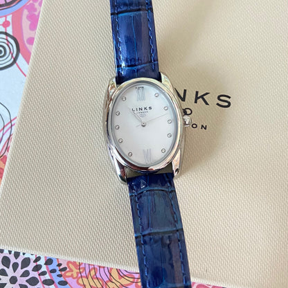 Rare Links of London Driver Ellipse Watch with Mother of pearl face, 10 Sapphire Crystals a Blue Real Leather Strap.