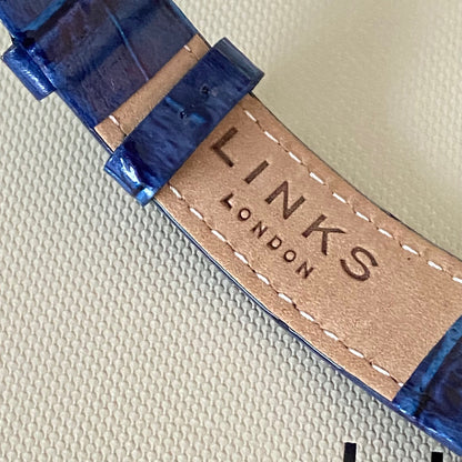 Rare Links of London Driver Ellipse Watch with Mother of pearl face, 10 Sapphire Crystals a Blue Real Leather Strap.