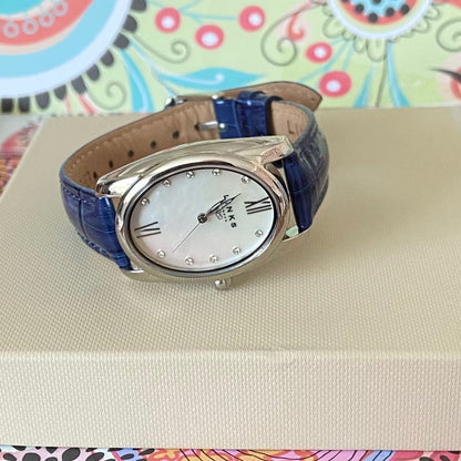 Rare Links of London Driver Ellipse Watch with Mother of pearl face, 10 Sapphire Crystals a Blue Real Leather Strap.