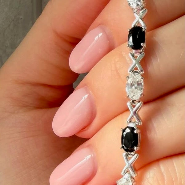 Sterling Silver 925 XOX with Black and Clear Cubic Zirconia Gemstones Tennis bracelet.