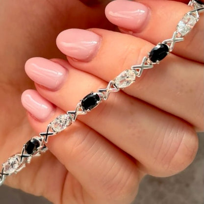 Sterling Silver 925 XOX with Black and Clear Cubic Zirconia Gemstones Tennis bracelet.