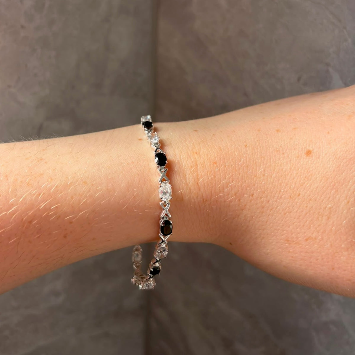 Sterling Silver 925 XOX with Black and Clear Cubic Zirconia Gemstones Tennis bracelet.