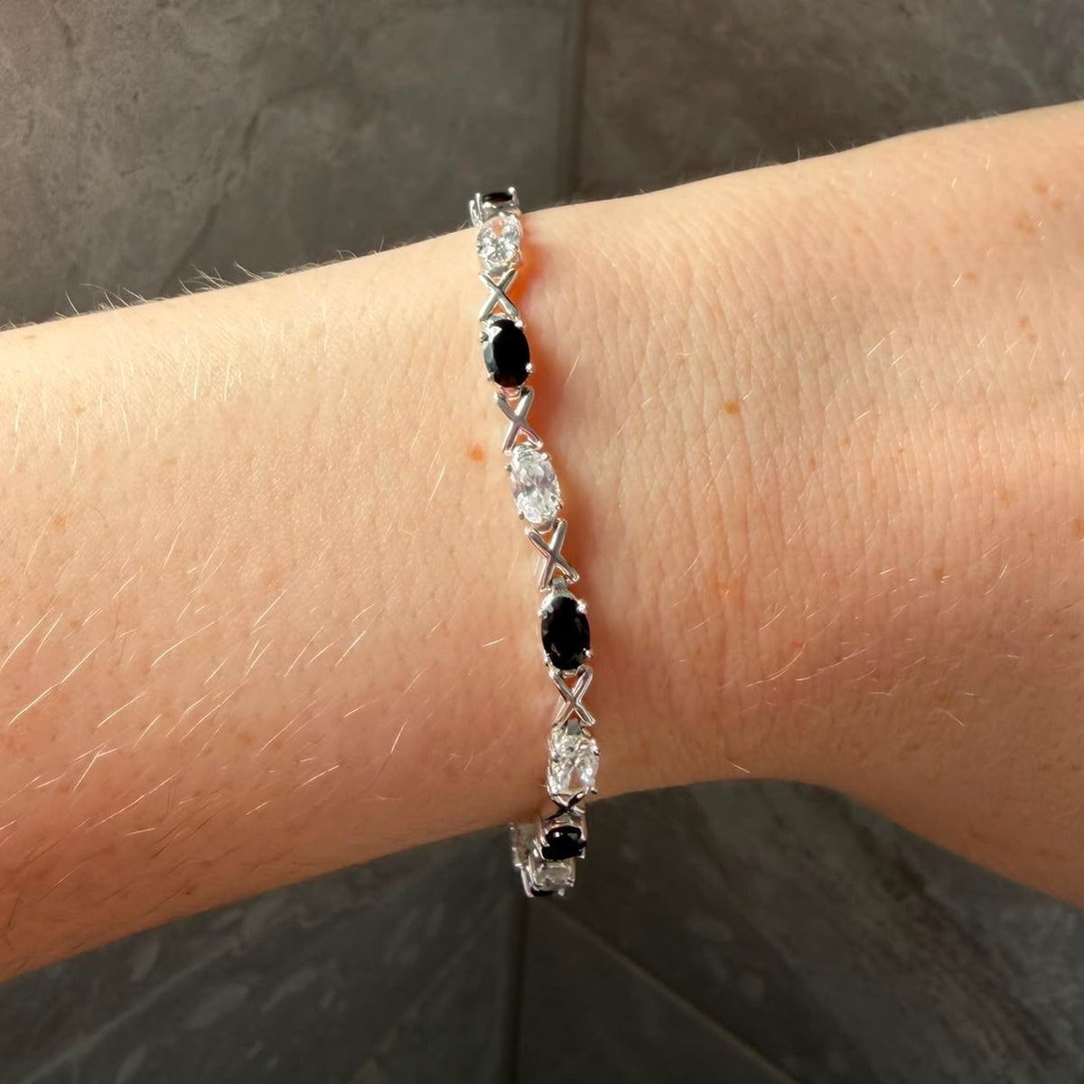 Sterling Silver 925 XOX with Black and Clear Cubic Zirconia Gemstones Tennis bracelet.