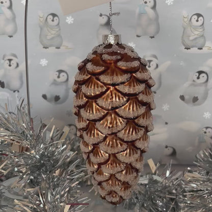 Large BROWN ICED GLASS PINECONE HANGING ORNAMENT