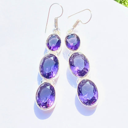 Purple Faceted Gemstone silver plated Earrings