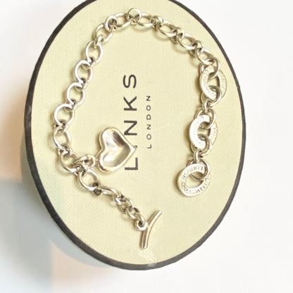 Pre Loved Links of London  Silver Bracelet with 3 Links of London Links, Heart charm and T Bar Clasp.