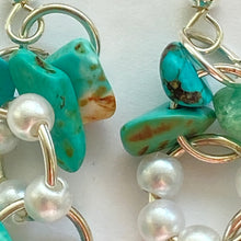 Load image into Gallery viewer, Turquoise, pearl effect and silver beaded Earrings
