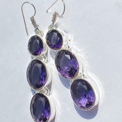 Purple Faceted Gemstone silver plated Earrings
