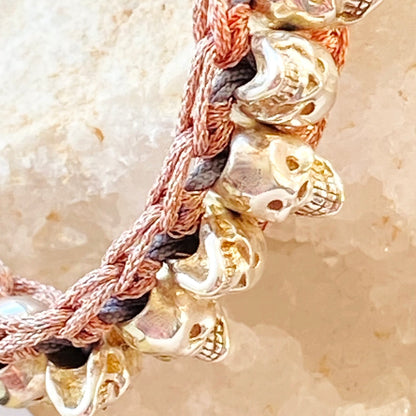 Links of London Sterling Silver Skull Friendship Bracelet with Pink and Grey cord