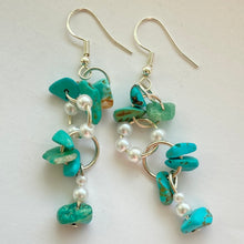 Load image into Gallery viewer, Turquoise, pearl effect and silver beaded Earrings
